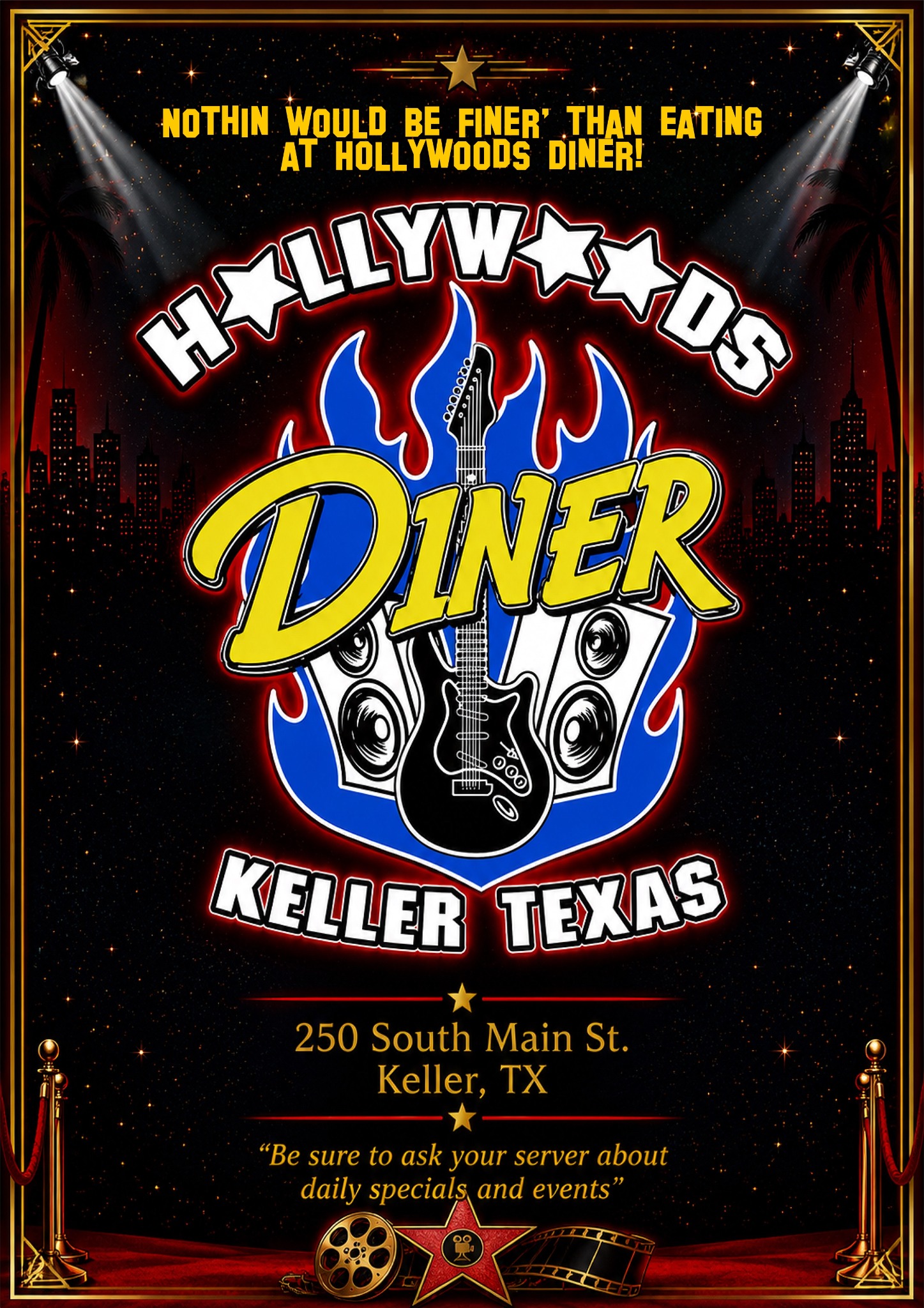 Official Hollywoods Diner artwork featuring the guitar, speakers, blue flames, and Keller Texas branding