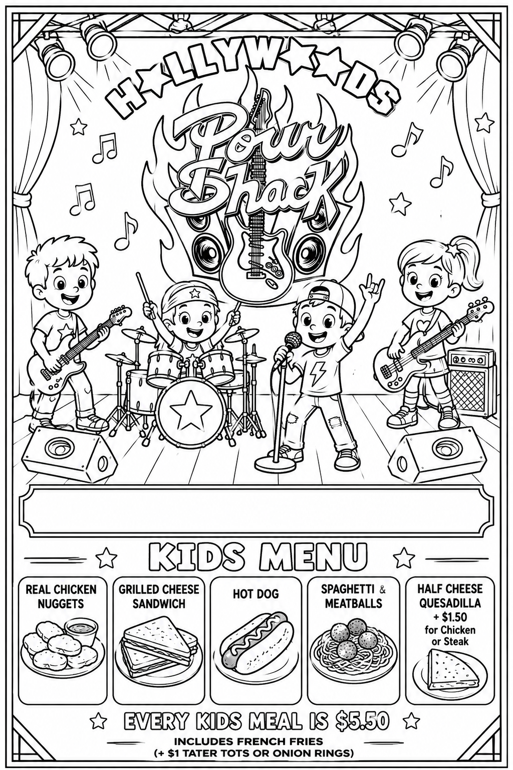 Hollywoods kids menu coloring sheet with rock band illustration and five meal choices