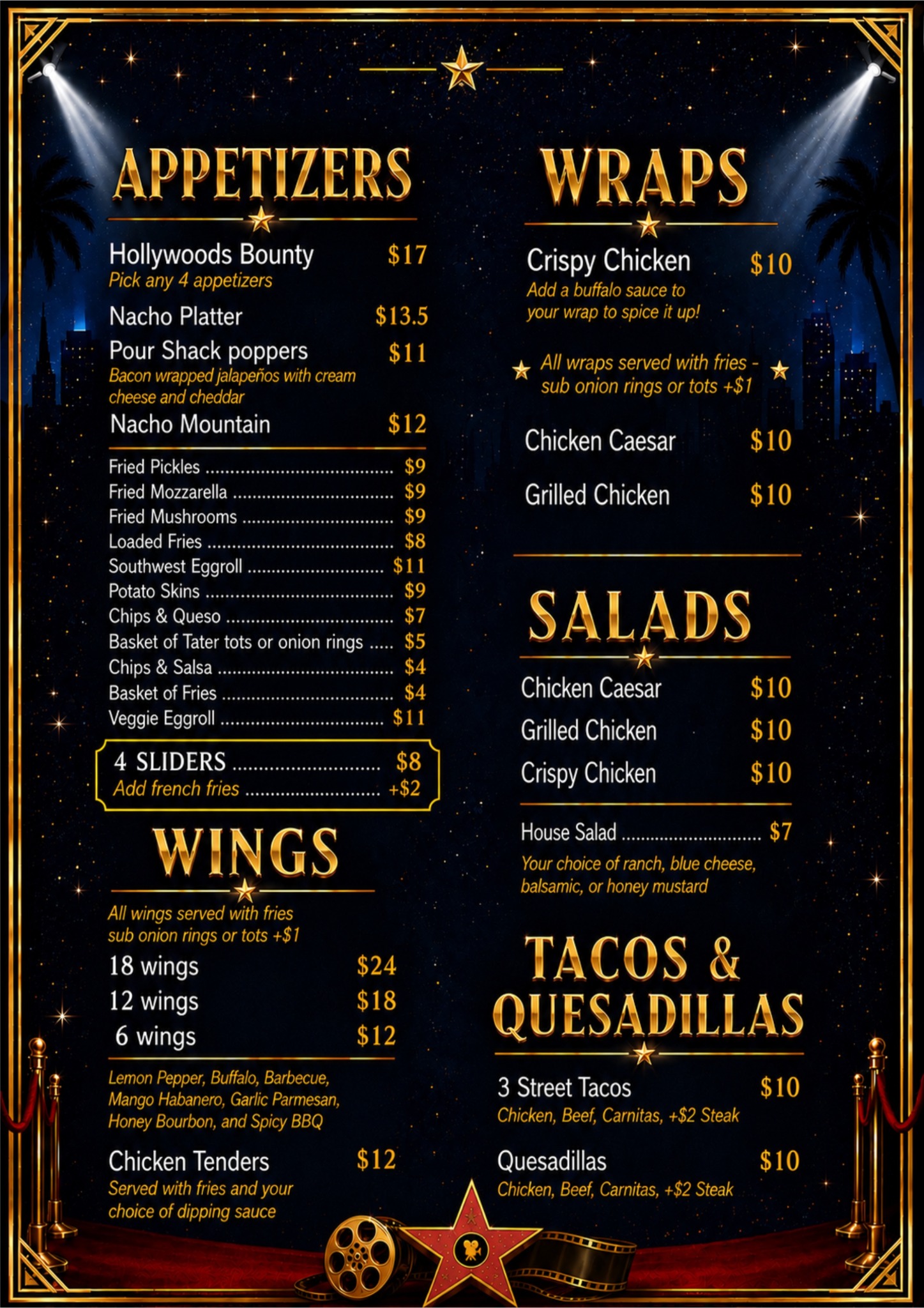 Menu: appetizers, wings, wraps, salads, tacos