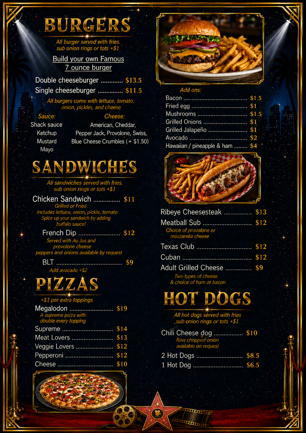 Menu: burgers, sandwiches, pizzas and hot dogs